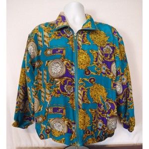 Vintage EVR Silk Long Sleeve Zip Up Clock Print Jacket Medium
